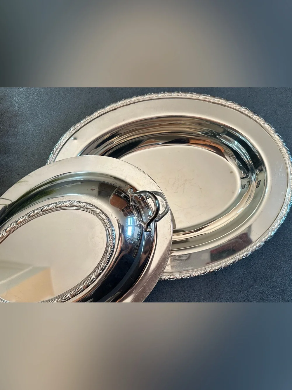 Polished Silver Oval Serving Platter with Rope-Edge and Side Handles